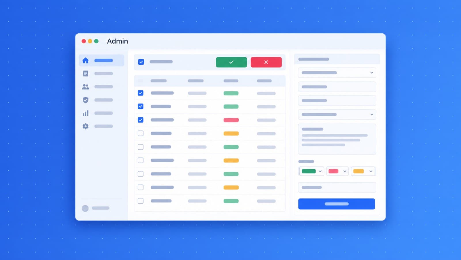 Illustration of an Admin window with a record table, approve and reject actions, and an edit form panel