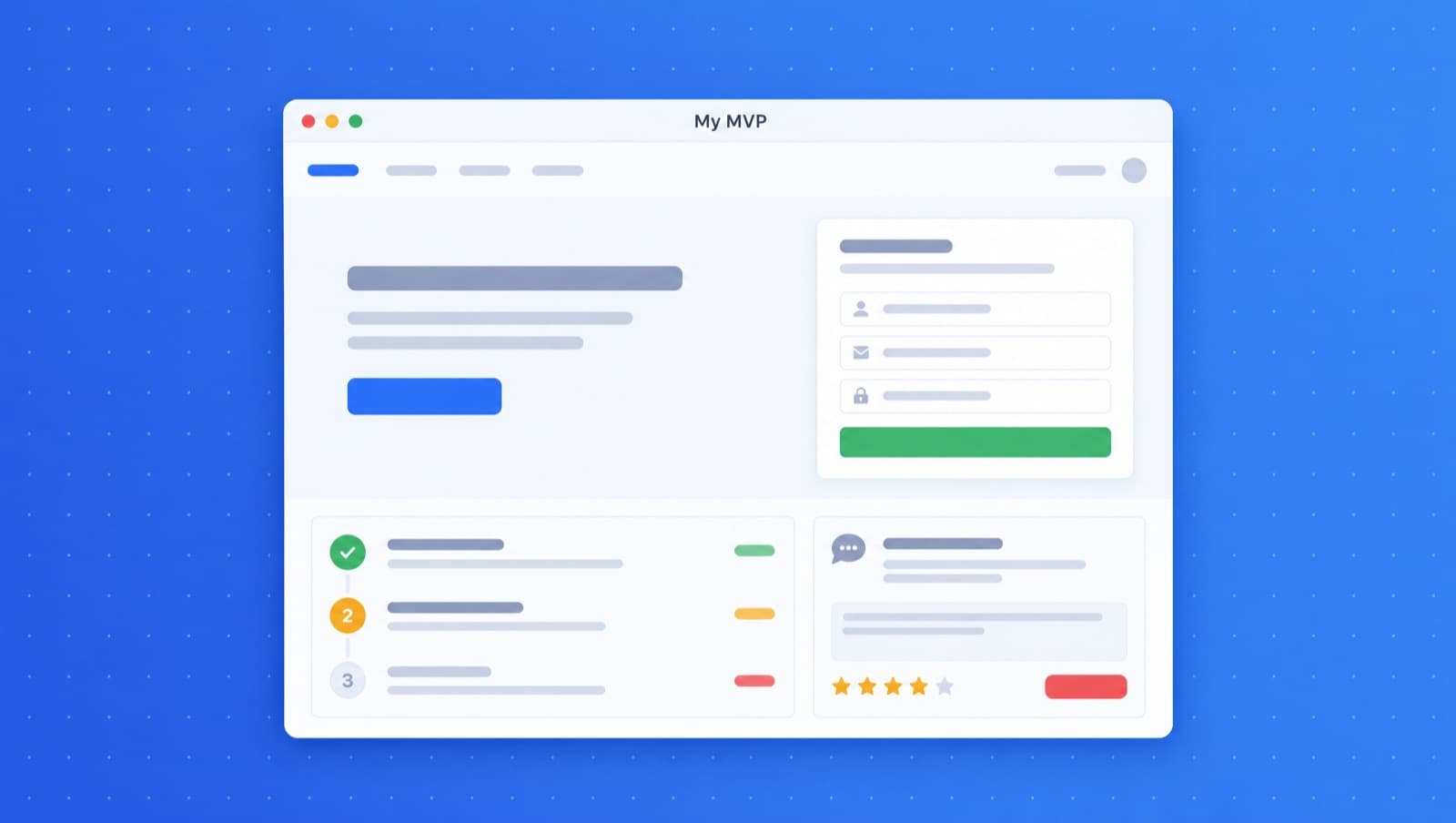 Illustration of a My MVP window with a hero section, a signup form, an onboarding checklist and a feedback widget